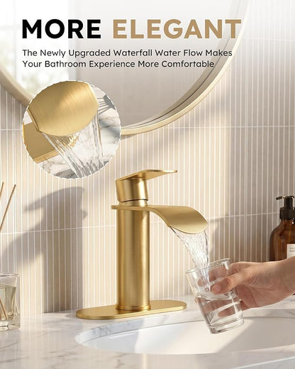 WOWOW Waterfall Bathroom Faucet, Gold Bathroom Sink Faucet for 1 Hole or 3 Holes, Single Handle Vanity with Metal Pop up Drain, Stainless Steel Basin Sink Faucet Tap for RV Lavatory