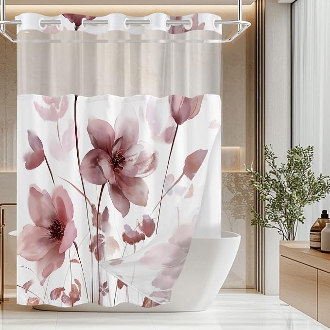 No Hook Shower Curtain and Liner Set, Red Boho Floral 71x74 | Watercolor Boho Flower, with Snap in Liner, Waterproof, Machine Washable, Quick-Drying, for Hotel Bathroom
