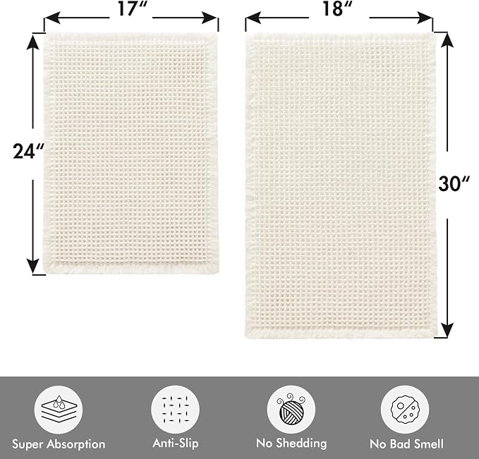 MIULEE Set of 2 Waffle Bathroom Rugs Cream White Bath Mat 17"x24"+18"x30" | Non Slip, Super Absorbent, Washable, Ultra Soft, Rubber Backed, Small Boho Bath Rugs for Bathroom Floor Tub Shower