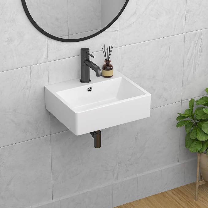 Wall Mounted Bathroom Sink 20"x17" Ceramic Floating Vessel Sink | Wall Hung Ceramic Bathroom Sink White Rectangular Wall Mount Wash Basin Porcelain Lavatory Sink