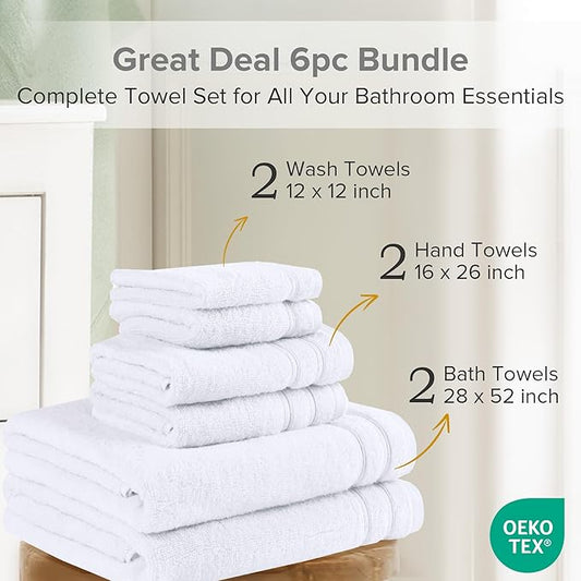 Comfort Spaces Towel Set for Bathroom 6 Piece Luxury Bath Towel Set 2 Hand Towel for Bathroom 2 Washcloth 2 Large Bath White Towel Sets 100% Cotton Quick Dry Towel Zero Twist Soft Lightweight Hotel