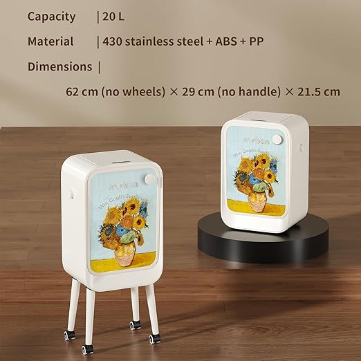 MRBIN Stainless Steel Motion Sensor Trash Can Bathroom with Butterfly Lid and Leg, Wheeled 5.5 Gal Tall Automatic Smart Waste Basket, Touchless Electric Dustbin for Bedroom, Toilet, Sunflower Pattern