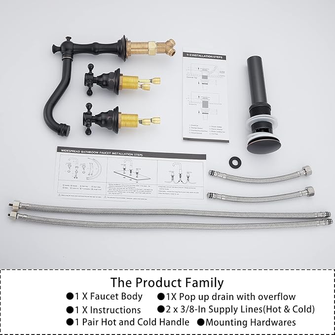 GGStudy Two Handles Three Holes Faucet 8-16 inch Widespread Bathroom Sink Faucet Oil Rubbed Bronze Basin Tap Mixer Supply Hose Included Matching Metal Pop Up Drain