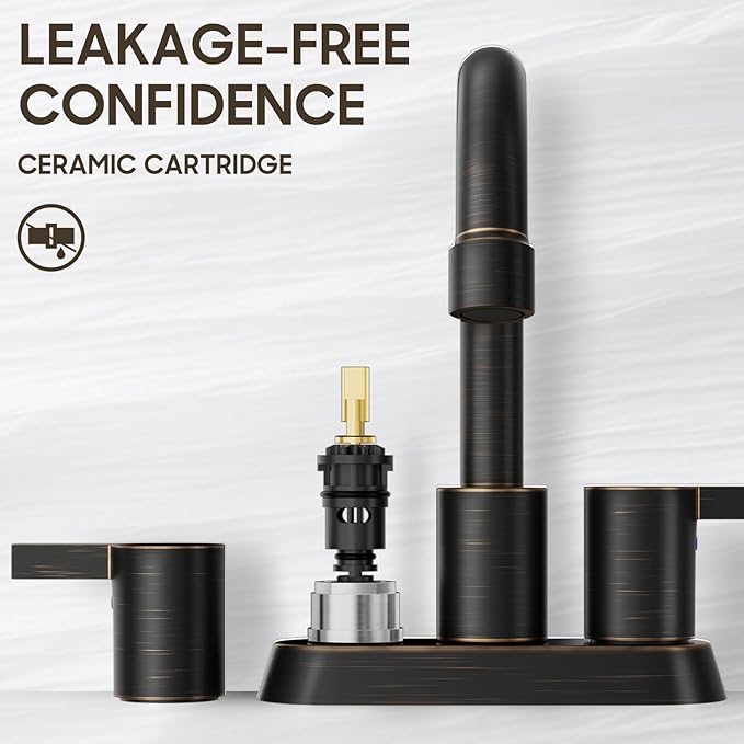 Phiestina 2 or 3 Holes Oil Rubbed Bronze 4 Inch 2 Handle Centerset Lead-Free Bathroom Sink Faucet, 360 Degree Swivel Spout with Copper Pop Up Drain and 2 Water Supply Lines, BF015-1-ORB
