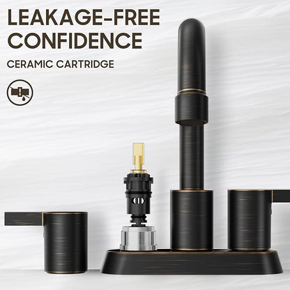 Phiestina 2 or 3 Holes Oil Rubbed Bronze 4 Inch 2 Handle Centerset Lead-Free Bathroom Sink Faucet, 360 Degree Swivel Spout with Copper Pop Up Drain and 2 Water Supply Lines, BF015-1-ORB