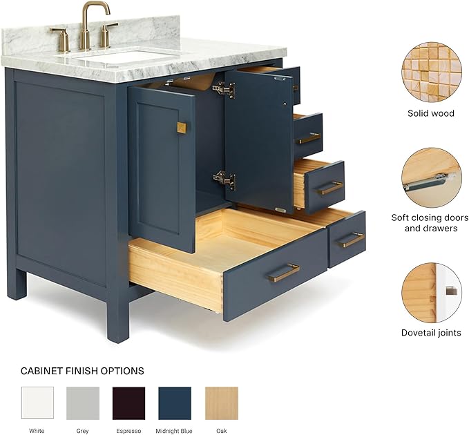ARIEL Cambridge 36-inch Bathroom Vanity with Sink,Solid Wood, 1.5-inch Italian Carrara Marble Countertop, Single Rectangular Porcelain Sink, 2 Soft Closing Doors, 5 Dovetail Drawers, Midnight Blue