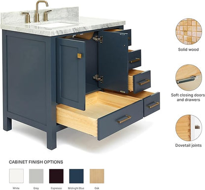 ARIEL Cambridge 36-inch Bathroom Vanity with Sink,Solid Wood, 1.5-inch Italian Carrara Marble Countertop, Single Rectangular Porcelain Sink, 2 Soft Closing Doors, 5 Dovetail Drawers, Midnight Blue