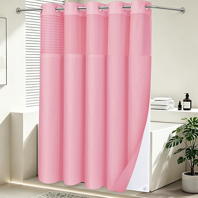 SORTTO No Hook Shower Curtain with Snap in Liner Set Waffle Shower Curtain for Bathroom Hotel Style Fabric Waterproof Inner Liner，71" W x 74" H, Pink