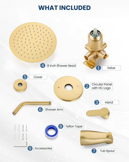 Airuida Shower Faucet Set with Tub Spout,8" Bathtub Faucet-Brushed Gold | Male Threads Rough-In Valve,Round Head Shower System,Tub and Shower Kit Set