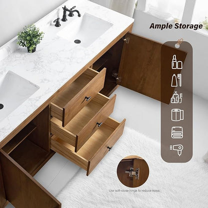 HOMEBEYOND 72" Bathroom Vanity with Double Sink & Ceramic Top, MDF Material Vanity Cabinet with Basin Combo, Soft-Closing Doors, Removable Shelf, Backsplash, Tan