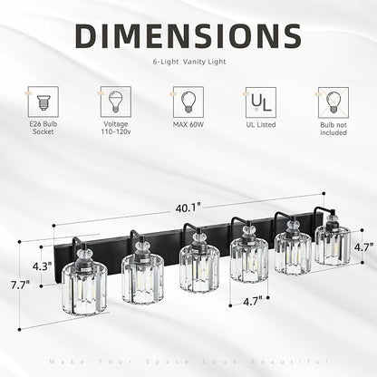 6-Light Black Bathroom Light Fixtures Over Mirror Modern Vanity Lights Crystal Wall Sconce Vintage Bathroom Lighting with Crystal Shade E26 Base for Bedroom, Living Room, Hallway