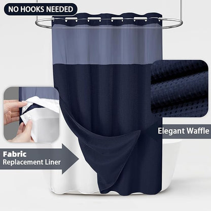 No Hook Shower Curtain and Liner Set,Blue Hotel Waffle Shower Curtain with Liner 75" L x 72" W