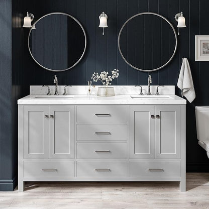 ARIEL Cambridge 66-inch Bathroom Vanity with Sink,Solid Wood, 1.5-inch Carrara White Quartz Countertop, Double Rectangular Porcelain Sink, 4 Soft Closing Doors, 6 Dovetail Drawers, Grey