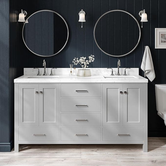 ARIEL Cambridge 66-inch Bathroom Vanity with Sink,Solid Wood, 1.5-inch Carrara White Quartz Countertop, Double Rectangular Porcelain Sink, 4 Soft Closing Doors, 6 Dovetail Drawers, Grey