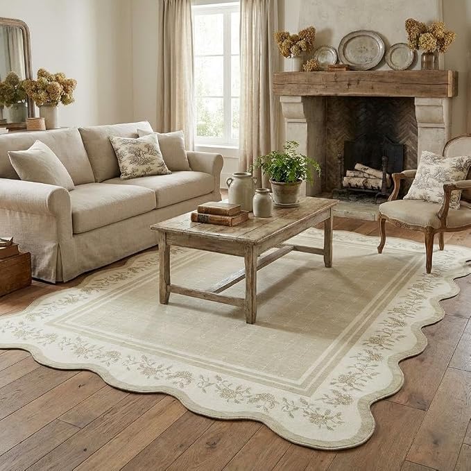Garvee Scollaped Rugs for Living Room 5x7 Area Rugs for Bedroom Soft Beige | Non-Slip Low Pile Neutral Kids Rug Non-Shedding Bordered Nursery Carpet Foldable Thin Mat for Dining Room Kitchen Playroom