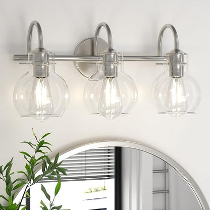 Bathroom Light Fixtures Brushed Nickel 3 Light Bathroom Lights Over Mirror with Clear Glass Shade Brushed Nickel Modern Wall Sconces Vanity Light for Bathroom UL Listed | Modern,Wall Sconce,Globe Glass Shade,E26 Base,UL Certified,Anti-Rust,Damp Rated,B...