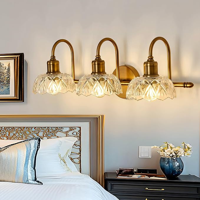 UOFUS Gold Vintage Vanity Light 3 Lights Bathroom Lighting Fixtures Over Mirror with Clear Glass Shade