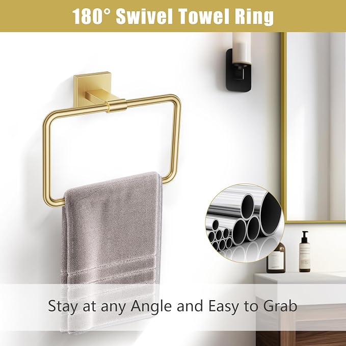 Gold Towel Bar Set 5-Piece Brushed Gold Bathroom Hardware Accessories Set Include 23.6in Towel Bar Toilet Paper Holder Towel Ring Towel Hooks,Stainless Steel Towel Holder Set Wall-Mounted