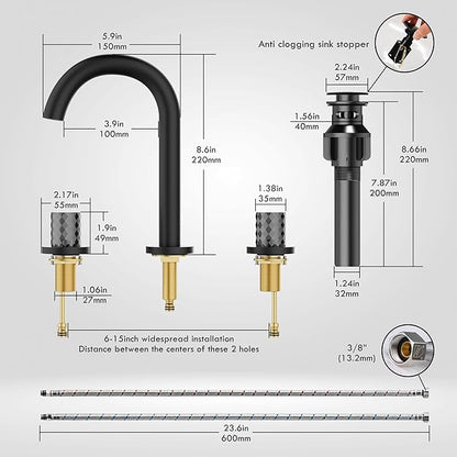 Bathroom Faucets for Sink 3 Hole, Bathroom Sink Faucet Widespread 8 Inch, Matte Black Faucet with Pop Up Drain and Hose