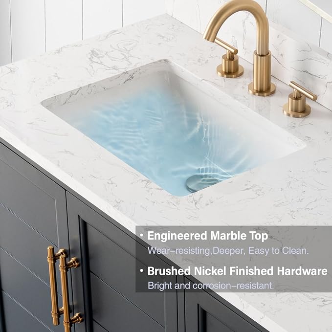 Vanity Art 72 Inch Bathroom Vanity with Double Sink, Vintage Spruce Blue | Solid Wood, Ceramic Sink, Marble Top, Waterproof Backsplash, Pre-assembled, Soft-close Doors, Ample Storage, Freestanding