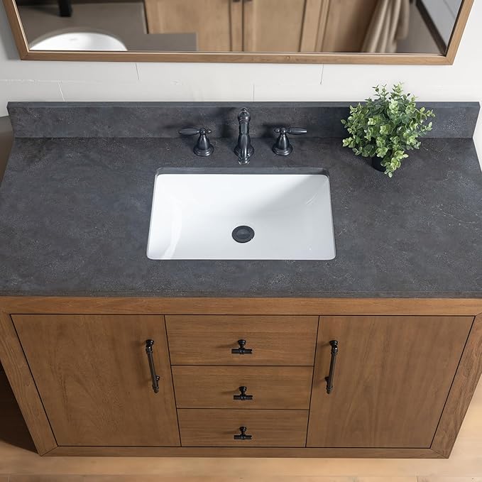Vanity Art 48" Bathroom Vanity with Sink, Solid Poplar Wood, Vanity Cabinet with Doors and Shelf, Modern Wood Bathroom Vanity with Black Marble Top, 3 Functioning Drawers,VA70-48-T-B