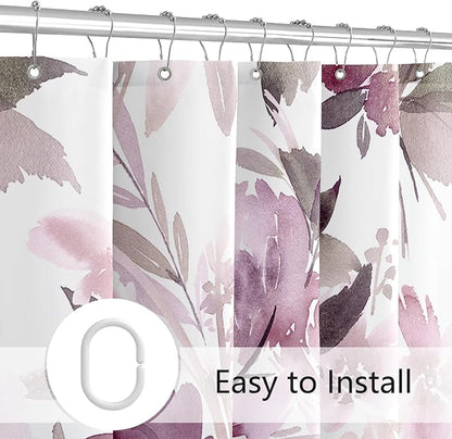 MAYZUS Floor to Ceiling Extra Long Flower Shower Curtain 72x96 Inch, Mauve | X-Long Tall Watercolor Floral Modern Abstract Bathroom Fabric Shower Curtain Set with Hooks