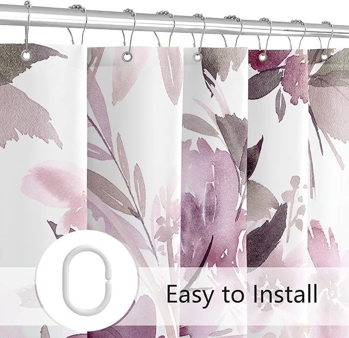 MAYZUS Mauve Watercolor Floral Shower Curtain for Bathroom, 72x72 | Modern Abstract Flower Decorative Fabric Shower Curtain Set with Hooks