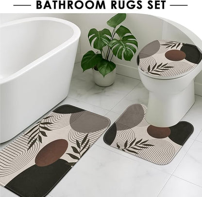 Bathroom Sets with Shower Curtain and Rugs, 4 Pcs, Minimalist Leaf | Boho Mid Century Geometric Bathroom Decor Set with Toilet Lid Cover, Non-Slip Bath Mats and Accessories 12 Hooks