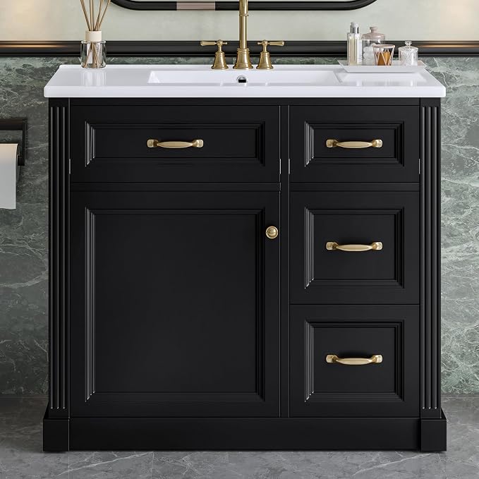 36" Bathroom Vanity with Ceramic Sink,Modern Freestanding Storage Cabinet w/Soft-Close Door and 2 Tip-Out & 2 Drawers,Undermount Single Basin Bath Vanity Set w/Adjustable Shelf,Black