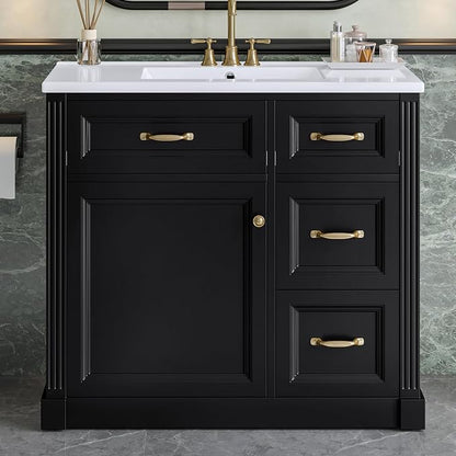 36" Bathroom Vanity with Ceramic Sink,Modern Freestanding Storage Cabinet w/Soft-Close Door and 2 Tip-Out & 2 Drawers,Undermount Single Basin Bath Vanity Set w/Adjustable Shelf,Black