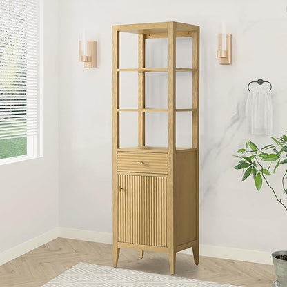 HOMEBEYOND Bathroom Vanity with Storage Cabinet & Shelves, Free-Standing Vanity with Soft-Closing Doors, Golden Brushed Handware, Natural Oak