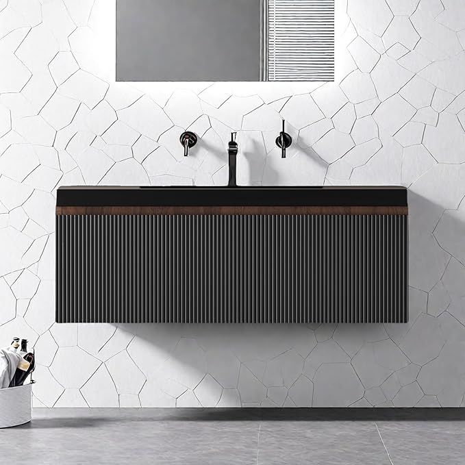 Wall Mounted Bathroom Sink Vanity, Modern 36" Floating Vanity with Resin Top Basin Sink and U-Shaped Soft-Close Storage Drawer, Striped Bathroom Storage Cabinet with Invisible Handle, Black