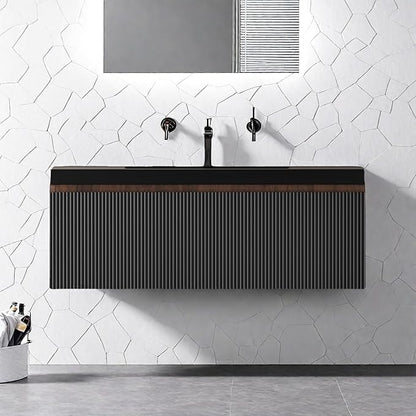 Wall Mounted Bathroom Sink Vanity, Modern 36" Floating Vanity with Resin Top Basin Sink and U-Shaped Soft-Close Storage Drawer, Striped Bathroom Storage Cabinet with Invisible Handle, Black