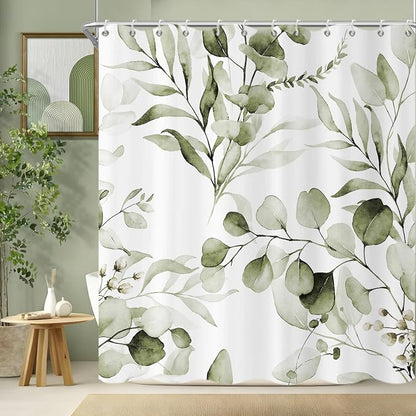 Olive Green Shower Curtain, Watercolor Eucalyptus Leaves Botanical Plants with Floral Bathroom Curtain Home Bathtub Decor Waterproof Fabric Machine Washable with 8 PCS Hooks,48" Wx72 L