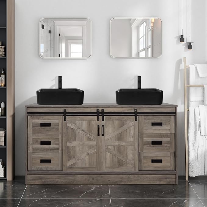 60" Barn Door Bathroom Vanity with 6 Drawers and Two Doors, Farmhouse Style Standing Pedestal Cabinet with Two Black Ceramic Sinks