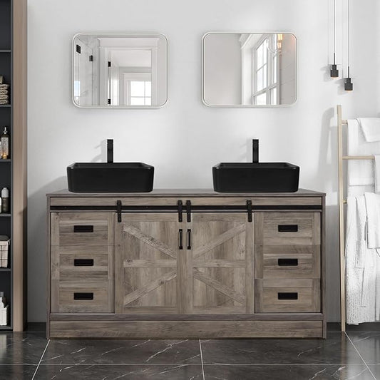 60" Barn Door Bathroom Vanity with 6 Drawers and Two Doors, Farmhouse Style Standing Pedestal Cabinet with Two Black Ceramic Sinks