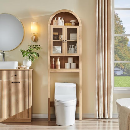 IFGET Arched Over The Toilet Storage Cabinet with Acrylic Doors, Modern Over Toilet Bathroom Organizer Shelf, Small Wooden Bathroom Storage Cabinet with Adjustable Shelf,Space Saver, Natural Oak