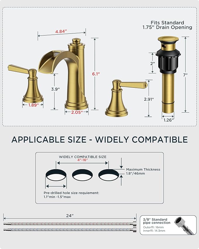 FORIOUS Brushed Gold Bathroom Faucet 3 Hole Widespread, Two Handle Antique Brass Waterfall Bathroom Faucet Gold 3 Hole for Vanity with Metal Drain Kit and Pre-Assembled CUPC Hose and All Tools