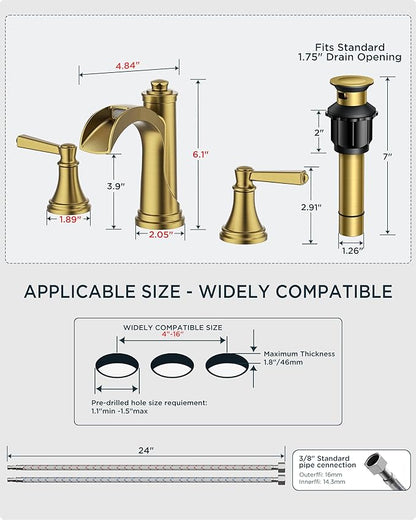FORIOUS Brushed Gold Bathroom Faucet 3 Hole Widespread, Two Handle Antique Brass Waterfall Bathroom Faucet Gold 3 Hole for Vanity with Metal Drain Kit and Pre-Assembled CUPC Hose and All Tools
