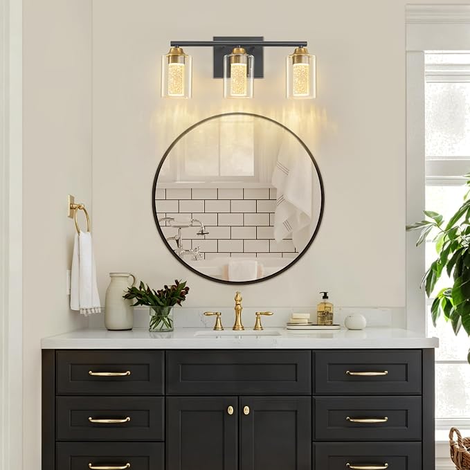 3-Light Black & Gold Bathroom Vanity Light with 3 Color Modes (3000K/4000K/6000K), Dimmable Modern Wall Light Over Mirror with Clear Glass Shade