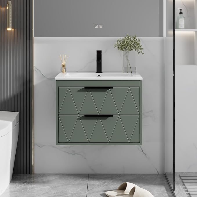 eclife 24" Bathroom Vanities Cabinet with Sink Combo, Wall Mounted Floating Cabinet W/Decor Line, Soft-Close System, 2 Extra Big Drawers, Matte Black Faucet, Gray Green