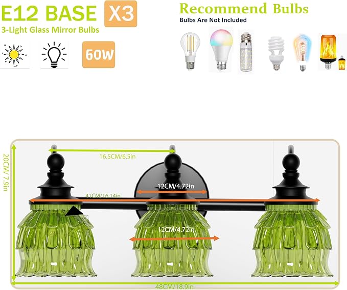 3-Light Bathroom Vanity Light Fixture Wall Mounted Mirror Front Lamp | with Water-Lily Shaped Green Crystal Glass Shade, Modern Black Antique Finish Lamp for Mirror Kitchen Living Room Hallway