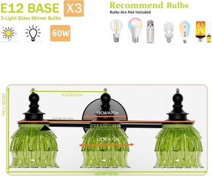 3-Light Bathroom Vanity Light Fixture Wall Mounted Mirror Front Lamp | with Water-Lily Shaped Green Crystal Glass Shade, Modern Black Antique Finish Lamp for Mirror Kitchen Living Room Hallway