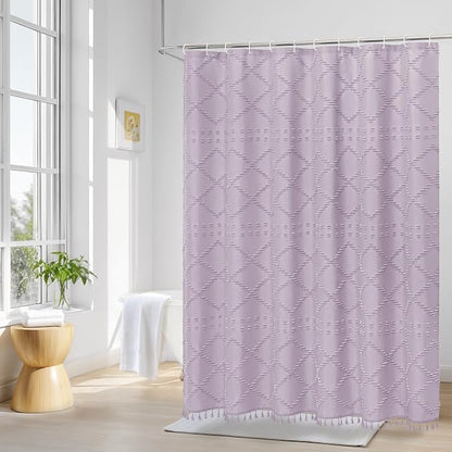 Lavender Boho Fabric Shower Curtain with Tassel 36x72, Tufted Textured | Modern Farmhouse Curtain for Bathroom, Stall Bathroom Curtain, Minimalist Decor, Waterproof
