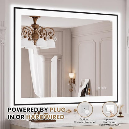 LOAAO 40"X32" LED Bathroom Mirror Black Framed | Anti-Fog, Dimmable, Memory Function, Tempered Glass, Lighted Vanity Mirror for Wall