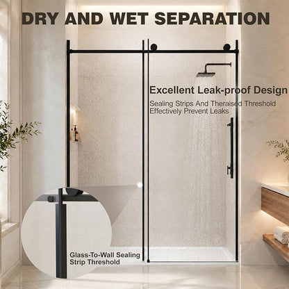 60 x 73 Inch Frameless Single Sliding Shower Door with Nano Coating | Bypass Glass Shower Door with 5/16" SGCC Tempered Glass & Explosion-Proof Film, Water Repellent, Matte Black