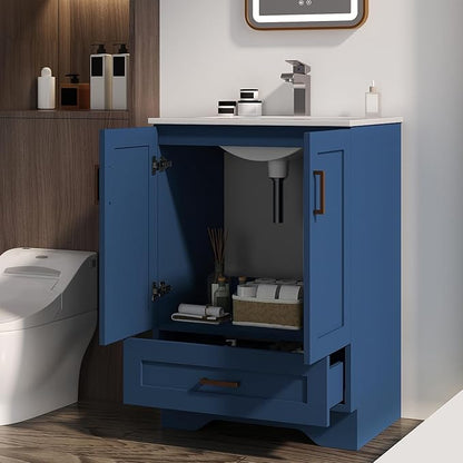 24 inch Bathroom Vanity with Sink, Modern Blue Vanity for Bathroom with Undermount Ceramic Sink, Freestanding 2-Door & 1-Drawer Storage Cabinet, for Small Bathroom Space, (Blue, 24")