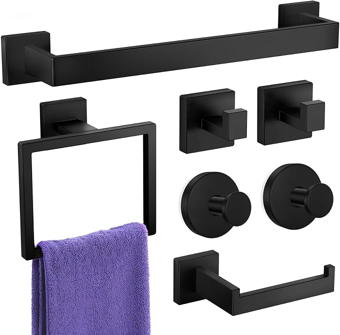 Bathroom Hardware Accessories Set: Bath Towel Bar Set, Towel Racks for Bathroom Wall Mounted, SUS304 Stainless Steel (Matte Black, 7-Pieces)