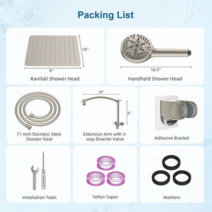 Hibbent Metal 10" High Pressure Rain Shower Head Combo, Brushed Nickel | cUPC Certified Rainfall Shower Head with handheld 10 Sprays, 16'' Adjustable Extension Arm, 71'' Hose, Showerhead Holder