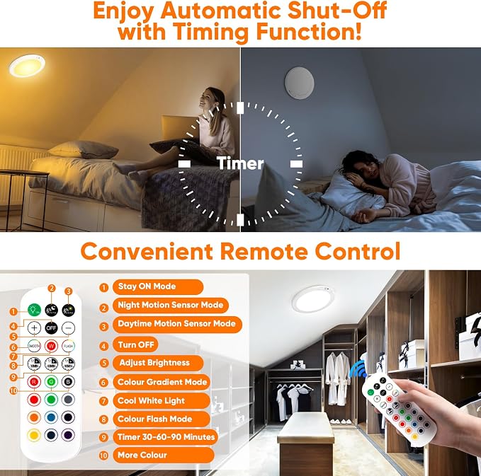 Rechargeable Motion Sensor Ceiling Light, Battery Closet Light 12 RGB Color | Wireless Battery Powered LED Shower Light, Magnetic Cordless Ceiling Light with Remote, Overhead Lamp for Pantry Shed, 2-Pack